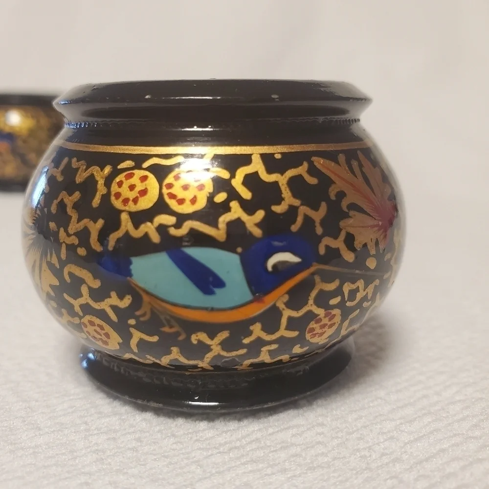 Hand-painted  laquer folk art napkin rings black and‎ gold  set of 2